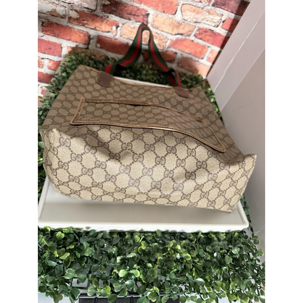 Gucci Vintage GG Monogram Canvas Tote Bag Green Red Web Straps - Brown Logo - Picture 3 of 11